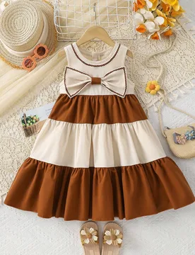 Vestido de niña con cuello redondo, decoración de lazo y bloqueo de color tejido - Shein - FashionsVida
