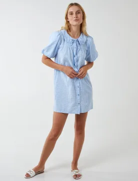 Gingham Shirt Dress With Plunge Ruffle - S / Light Blue - female - Blue Vanilla - FashionsVida