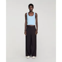 Top de punto acanalado de mujer sin mangas con acabados crochet