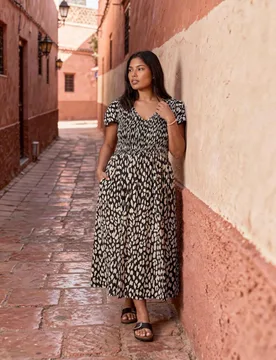 Pure Cotton Animal Print Shirred Midi Dress Black Mix female - Live Unlimited London - FashionsVida