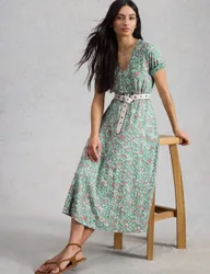 Cotton Blend V-Neck Midi Tea Dress Blue Mix female