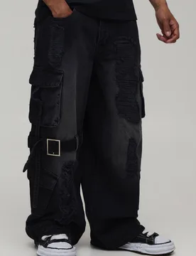 Herren Extrem Gewaschene Cargo-Jeans Hosen Mit Riemendetails In Weiter Passform Washed Charcoal Größe 32R - boohooMAN - FashionsVida