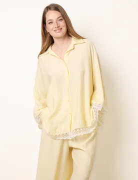 Oversize Crinkle Lace Hem Shirt - ONE / LEMON - female - Blue Vanilla - FashionsVida