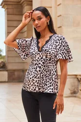 Womens Natural Animal Print Lace Trim Angel Sleeve Satin Top - Brown - Size 6 Uk