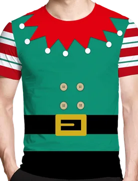 D Printed T-Shirt - Large, Festive Christmas Elf Design with Red & Green Stripes, White Buttons & Yellow Belt - Aliexpress - FashionsVida
