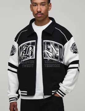 Herren Normal Geschnittene Collegejacke Aus Jersey Mit Kragen Und Zertifizierung Black Größe XS - boohooMAN - FashionsVida