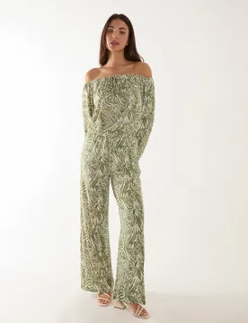 Off The Shoulder Top And Wide Leg Trousers Set - M/L / GREEN - female - Blue Vanilla - FashionsVida