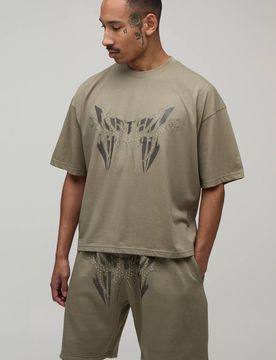 Herren Übergroßes Kastenförmiges Nieten-Oberteil & Entspannte Kurze Hose Set Khaki Größe XL
