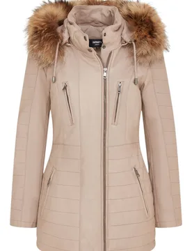Women's Slim Fit Leather Hooded Parka Jacket-Northam in Beige Size: 12 - Beige - Size: 12 - Infinity Leather - FashionsVida