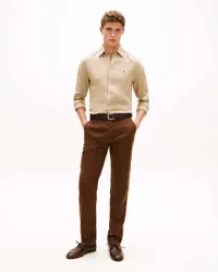 Camicia manica lunga beige in lino con logo ricamato e colletto button-down