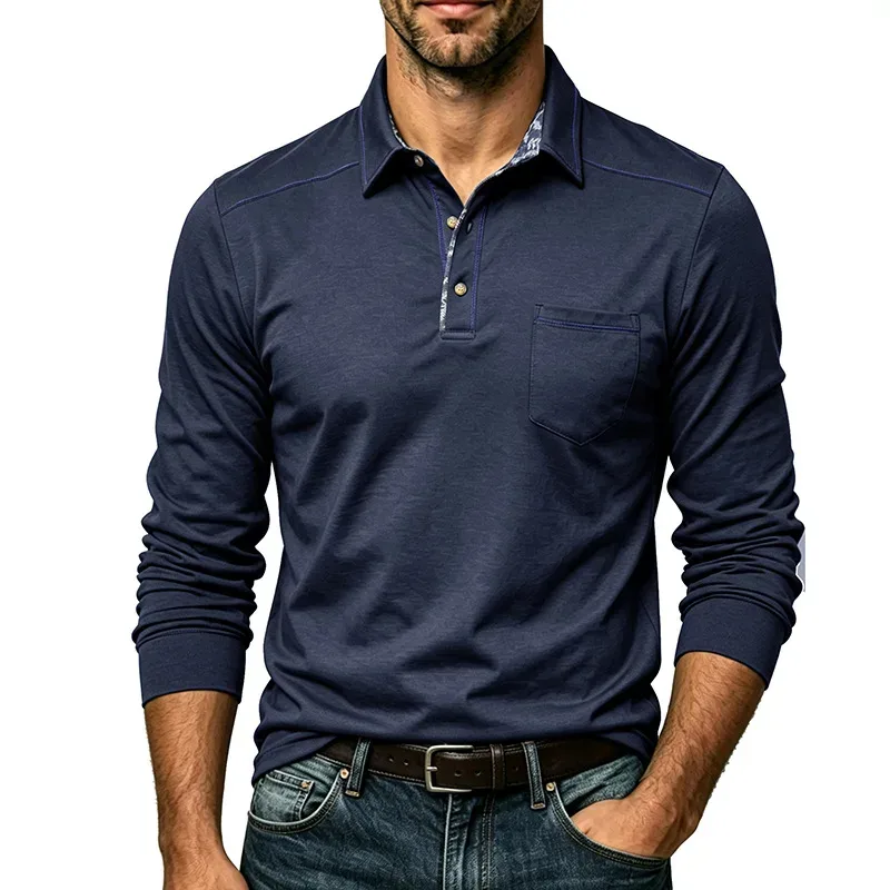 Autumn Men's Lapel Long-sleeved POLO Shirt Basic Contrasting Color Placket Button Men's Top - Aliexpress - FashionsVida