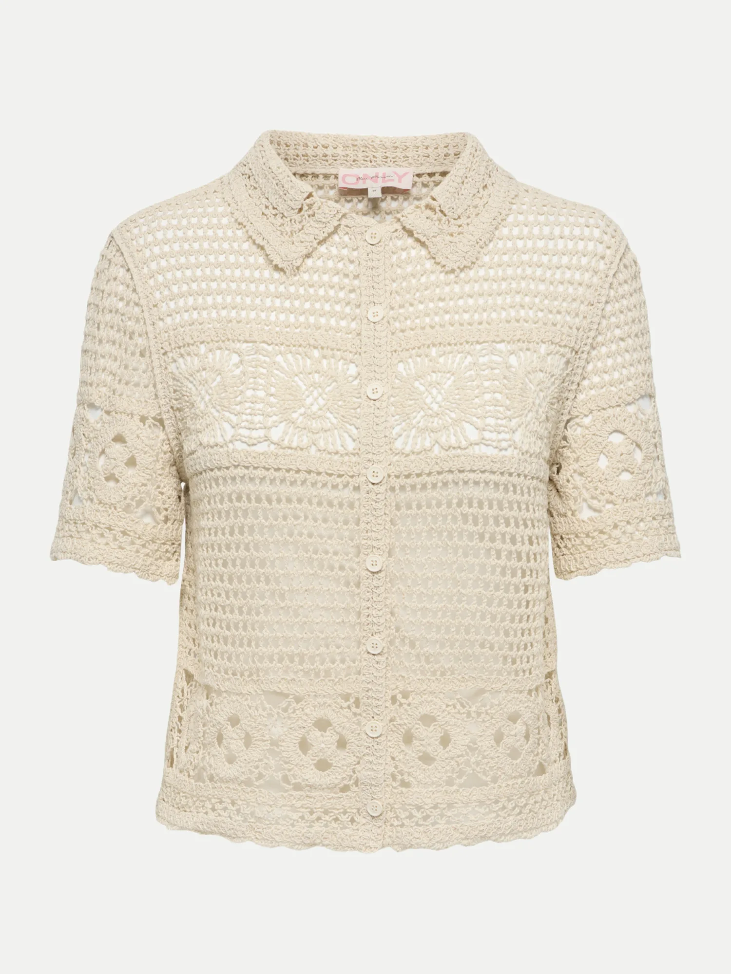 Kurzarm- Strickjacke in Häkeloptik Beige M - Only - FashionsVida