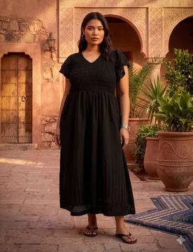 Pure Cotton V-Neck Midaxi Shirred Dress Black female - Live Unlimited London - FashionsVida