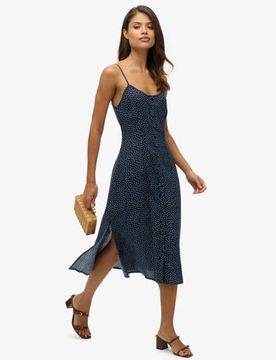 Superdry Damen Bedrucktes Midi-trägerkleid mit Knopfleiste Navy - Größe: 36