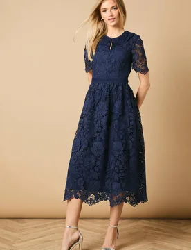 Women's Occasion Lace Collared Midi Dress in Navy Size: 16 - Navy - Size: 16 - OASIS - FashionsVida