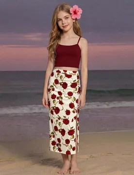 Conjunto de top camisola ajustado informal minimalista y cómodo, talla grande falda de línea A con estampado de rosas, adecuado para el Día de San - Shein - FashionsVida