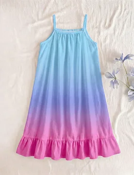 Vestido sin mangas con estampado floral en degradado azul para niñas preadolescentes, con tirantes ajustables, silueta holgada de línea A, volante e - Shein - FashionsVida