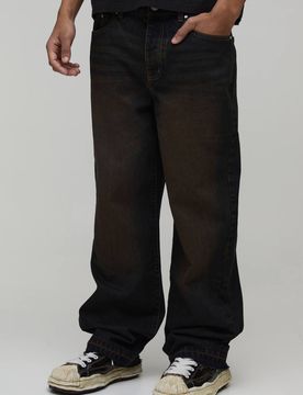 Herren Getönte Gewaschene Jeans Hosen mit Heruntergelassenem Saum in Entspannter Passform Dark Wash Größe 44R
