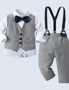 Conjunto de 3 piezas para niños pequeños estilo caballero - Camisa blanca con corbata de moño, chaleco y pantalones grises, traje casual elegante p - Shein - FashionsVida