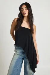Womens Double Layer Slinky Bandeau Asymmetric Longline Top - Black Elastane - Size 14 Uk