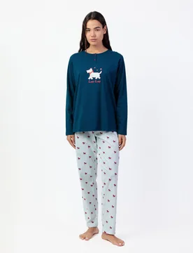 Pijama largo de mujer de punto de algodón con detalles bordados - Admas - FashionsVida