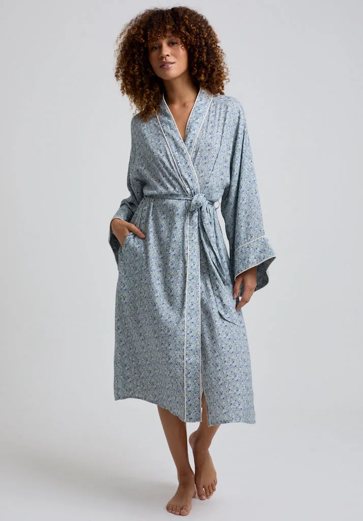 Corina Kimono Style Ditsy Floral Print Robe In Blue - S - Lily and Lionel London Limited - FashionsVida