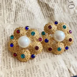 Fashion Jewelry Vintage Brass Matte Colorful Zircon Pearl Flower Stud Earrings for Women