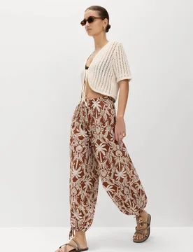 Pure Cotton Printed Bubble Hem Beach Trousers Brown Mix female - M&S - FashionsVida