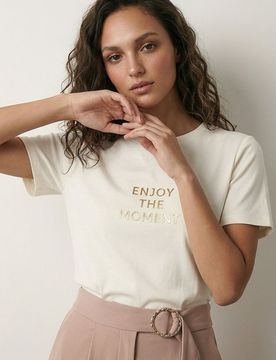 T-shirt con scritta e miscela di viscosa - panna