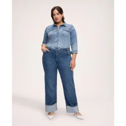 Jeans de mujer rectos con maxi dobladillo y doble bolsillo cierre con botón y cremallera delante elástico en cintura detrás