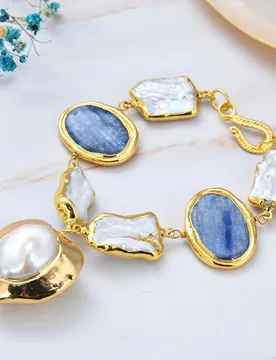 Freshwater White Keshi Pearl Natural Blue kyanite Nugget Heart Pearl Gold Color Bracelet 8" Lady Jewelry - Aliexpress - FashionsVida