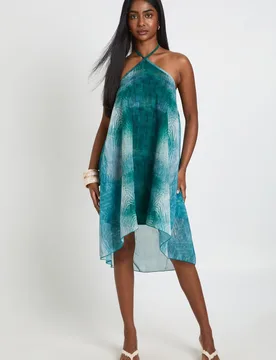 Womens Printed Chiffon Asymmetric Hem Midi Dress - Blue - Size 8 Uk - Boohoo - FashionsVida