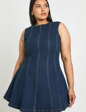 Womens Plus Sleeveless Seam Detail Denim Mini Dress - Blue Elastane - Size 18 Uk - Boohoo - FashionsVida
