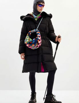 Manteau matelassé ceinture, Polyester, Noir, XS