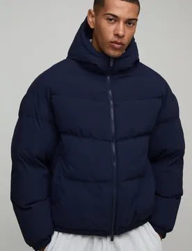 Mens Essential Regular Fit Midweight Padded Hooded Puffer Jacket - Navy - Size 5xl - boohooMAN - FashionsVida