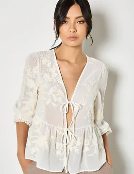 Women's Embroidered Floral Chiffon Top in Cream Size: 14 - Cream - Size: 14 - Apricot - FashionsVida