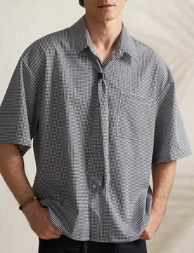Camisa de manga corta casual y versátil con bolsillo y estampado de pata de gallo para hombre - Shein - FashionsVida