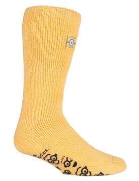Mens Film & Tv Themed Thermal Slipper Socks - Minions - Yellow Nylon - Size Uk 6-11 - Heat Holders - FashionsVida