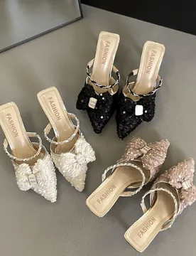 New Spring Summer French Pointed Toe Mules Elegant Pearl Thin Heel Closed Toe Slide Sandals For Women Outdoor Daily Wea - Aliexpress - FashionsVida