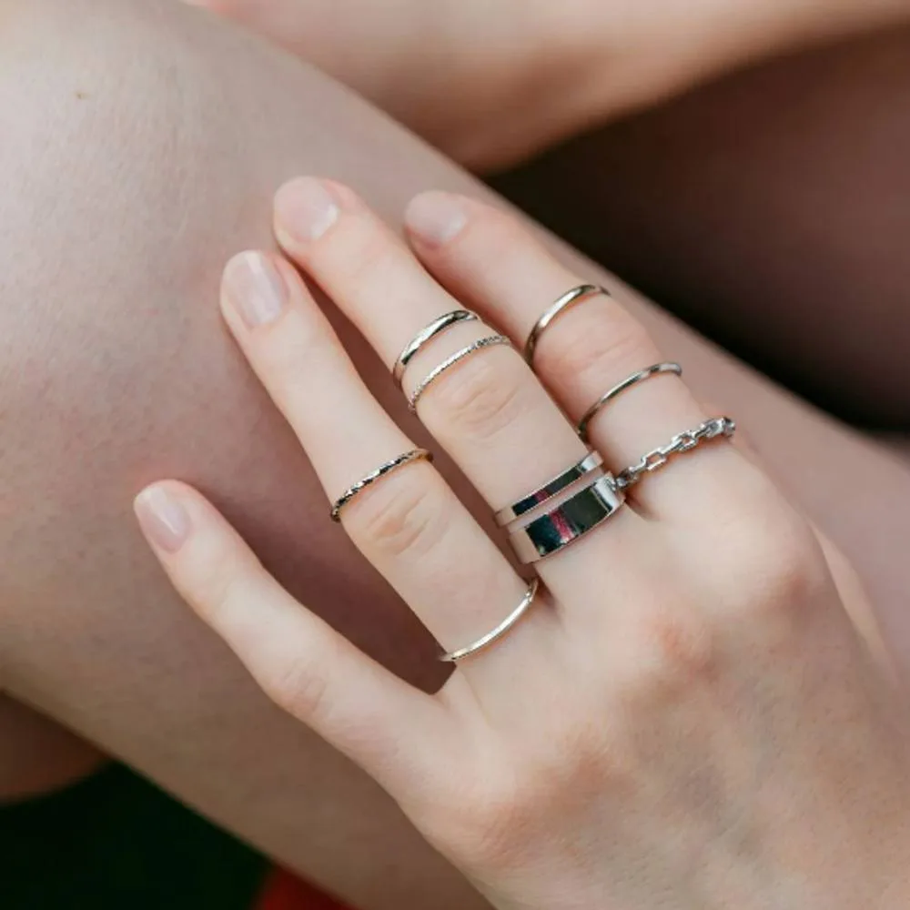 Women's 7 Piece Multisize Band Silver Cuff Stackable Boho Ring set in Grey - Grey - Size: One Size - The Colourful Aura - FashionsVida