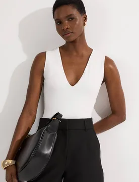 Stretch Cotton Plunge Neck Jersey Bodysuit - White - Size: XS - Karen millen - FashionsVida