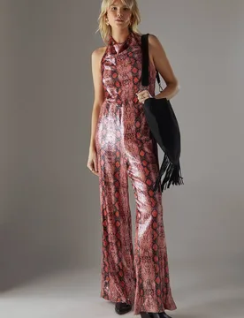 Women's Snake Sequin Cowl Neck Drop Waist Jumpsuit in Orange Size: 14 - Orange - Size: 14 - Warehouse - FashionsVida