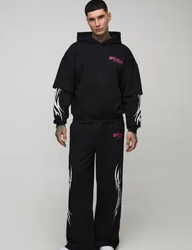 Mens Tall Oversized Faux Layer Moto Print Hoodie & Extreme Wide Leg Jogger Tracksuit - Black Cotton - Size Medium - boohooMAN - FashionsVida