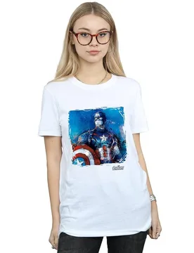 Women's Captain America Art Cotton Boyfriend T-Shirt in White Size: Medium - White - Size: M - Marvel - FashionsVida