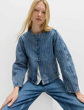 Denim Striped Collarless Jacket Medium Indigo female - M&S - FashionsVida