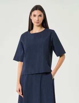 Maglia mezze maniche blu gessata ampia in misto cotone con scollo a giro - Hlo! - FashionsVida