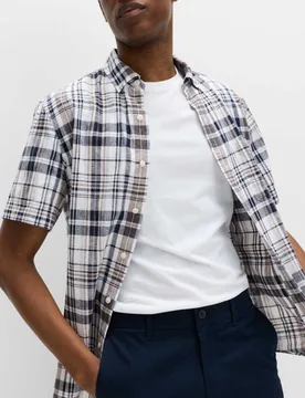 Cotton Linen Blend Check Short Sleeve Shirt White Mix male - M&S - FashionsVida