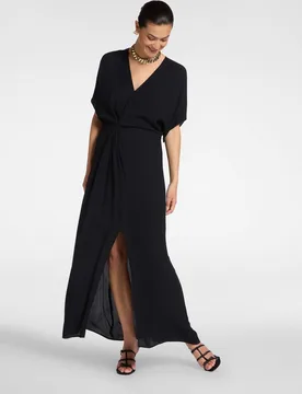 Vestido largo en crepé de china con drapeado cierre trasero con botón fruncido en la cintura - Elena Miró - FashionsVida