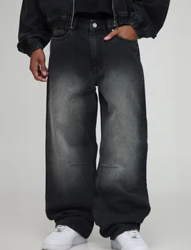 Herren Relaxed Fit Gewaschene Knie-Abnäher Jeans Hosen Washed Black Größe 56R - boohooMAN - FashionsVida