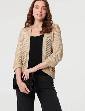 Women's Chevron Texture Mesh 1/2 Sleeve Cardigan Sweater in Metallic Silver Size: Medium - Metallic Silver - Size: M - Izabel London - FashionsVida